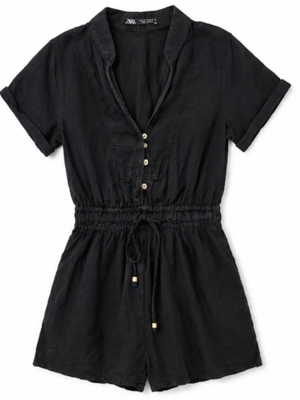 Zara Black Linen Blend Short Sleeve Button Front Drawstring Romper Medium
